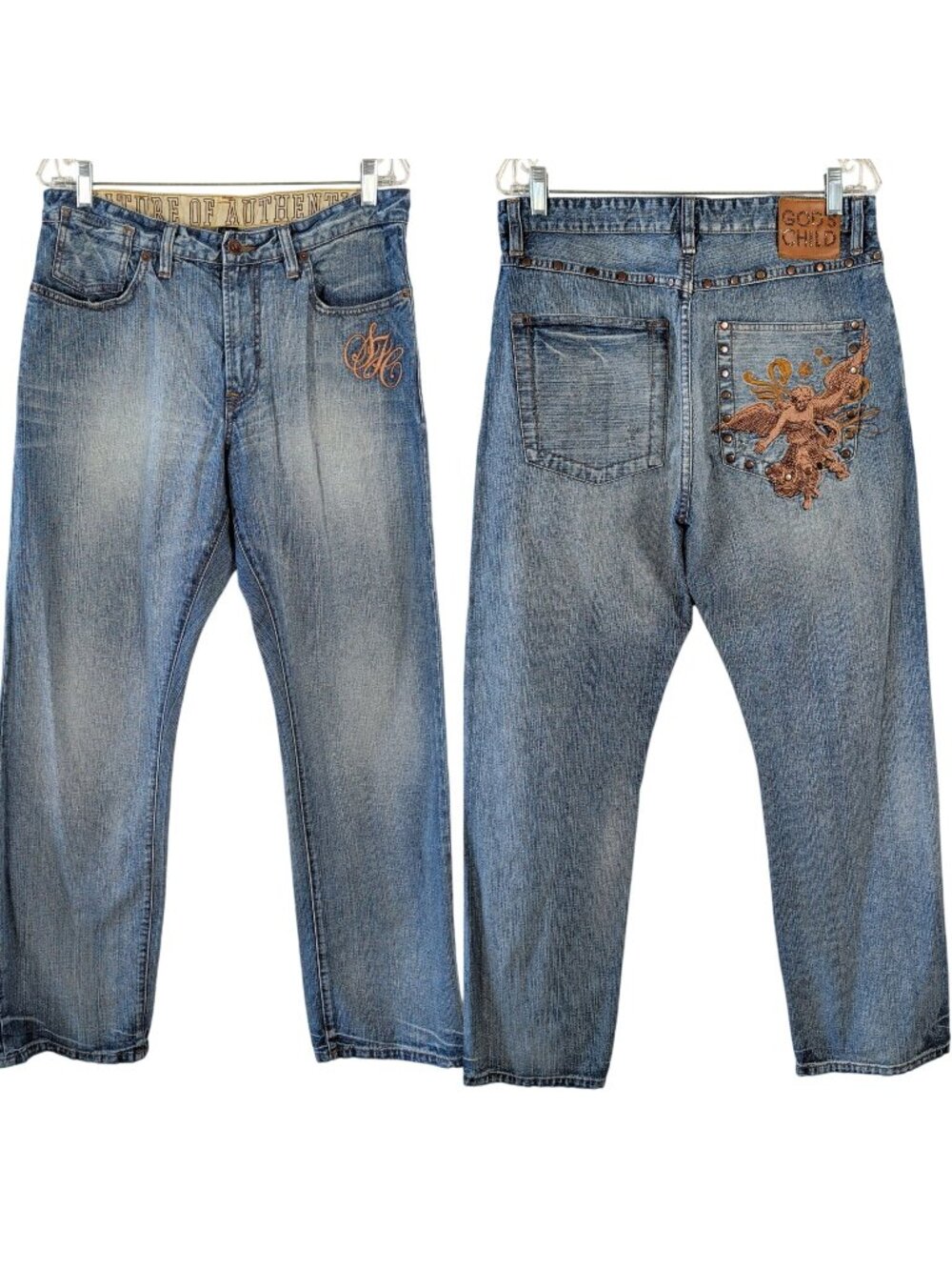 Sean John Jeans Mens 34 Embroidered Angel Studded Distressed Denim Y2K Hip Hop
